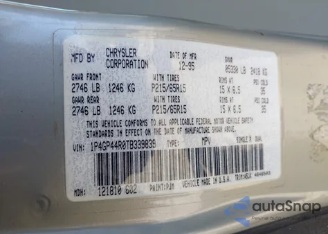 1996 Plymouth Grand Voyager Se z USA, uszkodzony, nr VIN 1P4GP44R0TB339839